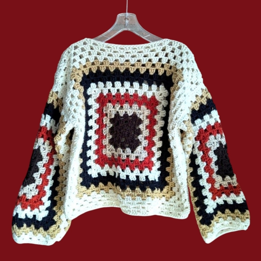 Wrapped in Vibes Tribal Bae Handcrafted Earthtone Oversized Crochet Swea…